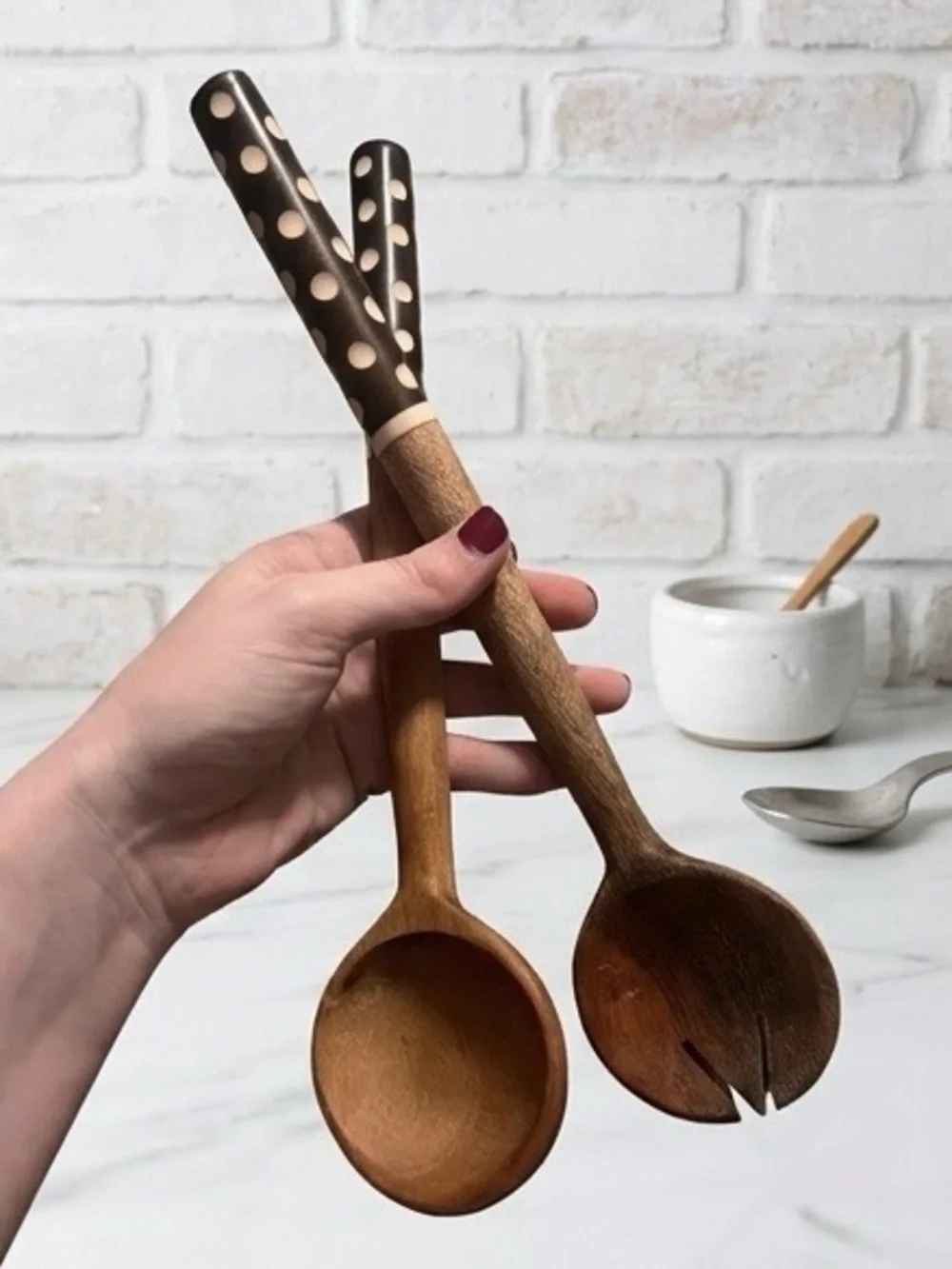 Polka Dot Handle Wooden Salad Serving Spoon and Fork Set - Brown